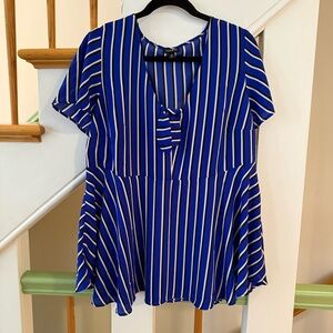 Torrid Blue and White Tie Front Peplum Blouse